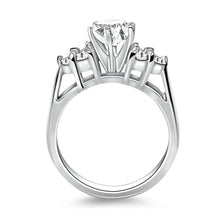 14k White Gold Cathedral Engagement Ring with Side Diamond Clusters, size 5.5