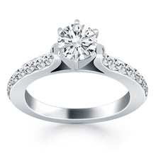 14k White Gold Curved Shank Engagement Ring with Pave Diamonds, size 4