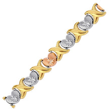 14k Yellow and Rose Gold and Sterling Silver Diamond Cut Heart Chain Bracelet, size 7.25''