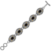18k Yellow Gold and Sterling Silver Bracelet with Scrollwork and Oval Black Onyx, size 7.5''