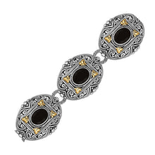 18k Yellow Gold and Sterling Silver Bracelet with Scrollwork and Oval Black Onyx, size 7.5''
