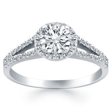 14k White Gold Diamond Halo Split Shank Engagement Ring, size 6.5