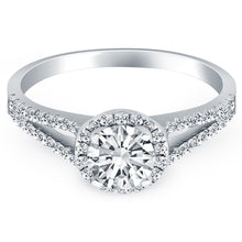 14k White Gold Diamond Halo Split Shank Engagement Ring, size 6